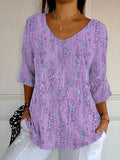 Women's Artistic Design Printed Ribbed Fabric Casual V-Neck Mid-Sleeve T-Shirt