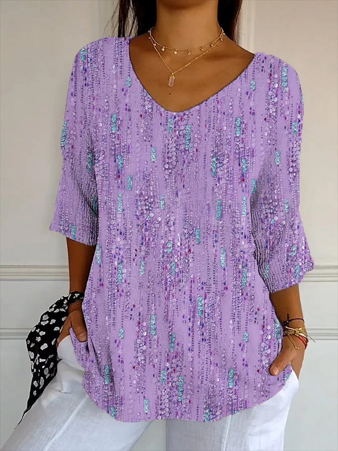 Women's Artistic Design Printed Ribbed Fabric Casual V-Neck Mid-Sleeve T-Shirt