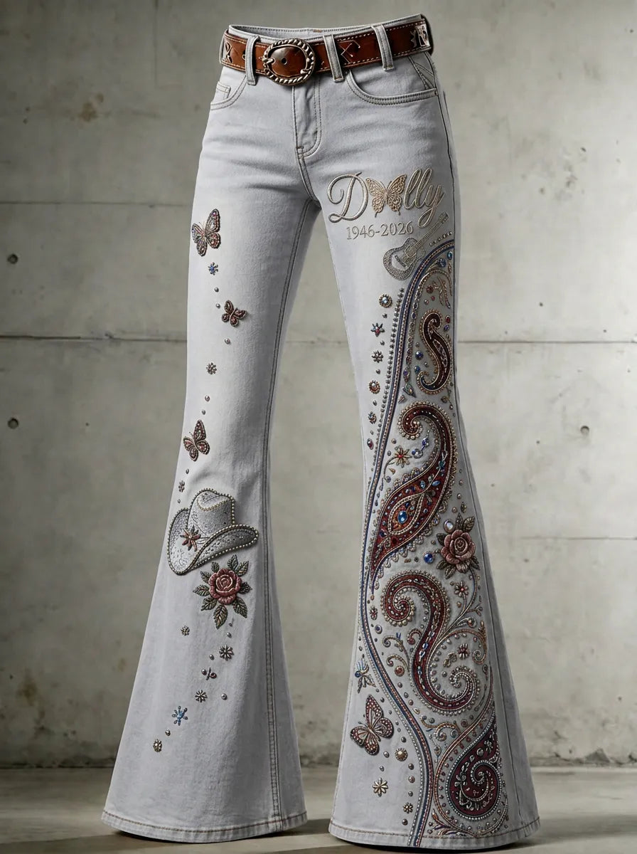 Women's Dolly Parton Butterfly Paisley Guitar Printed Flare Jeans