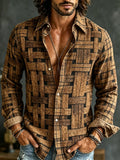 Men's Warm Brown Interwoven Basket Grid Forms Print Long Sleeve Shirt