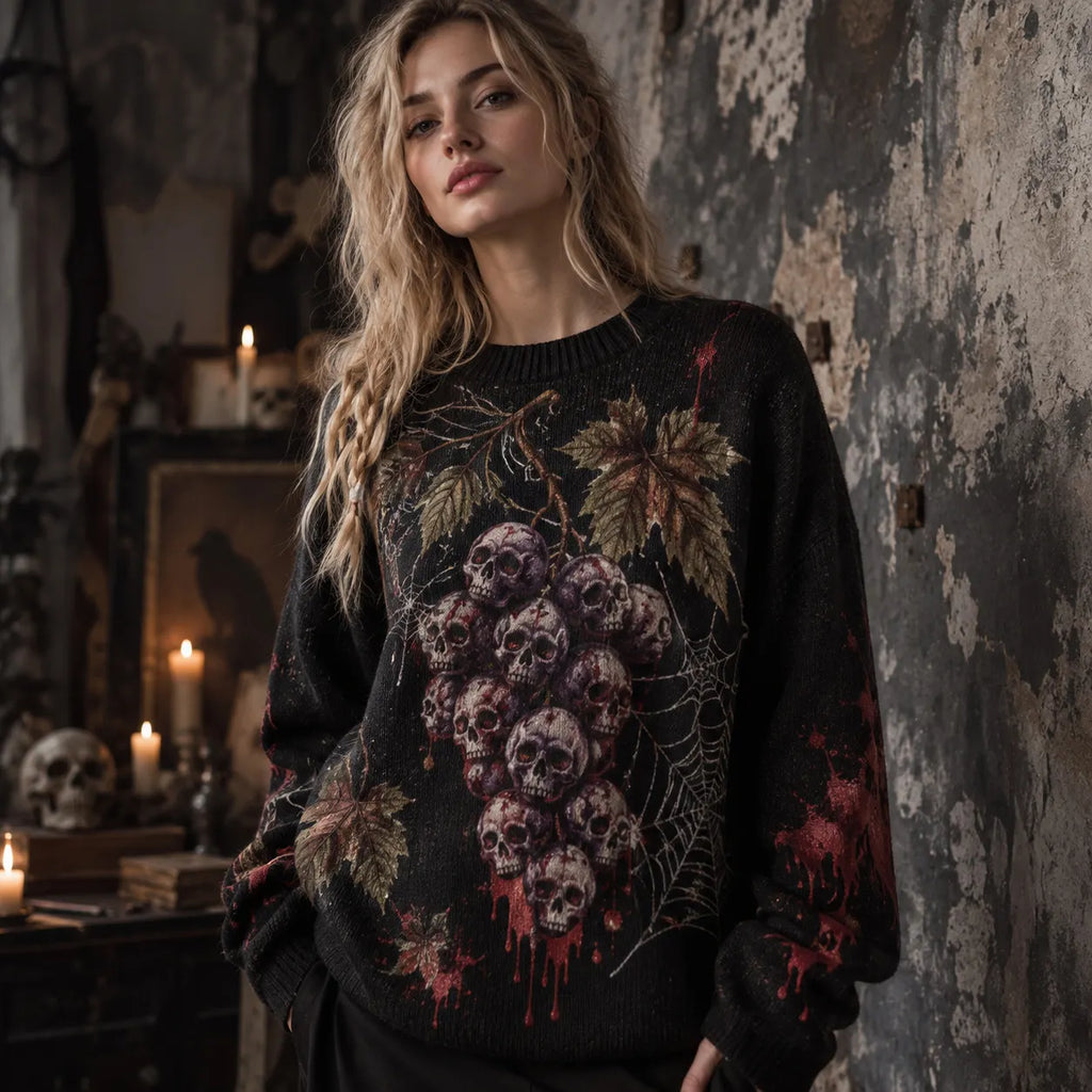 Women's Gothic Skull Grape Graphic Casual Sweater
