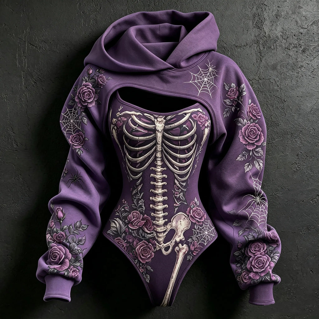 Women's Halloween Rose Skeleton Spider Web Hoodie Two-piece Set
