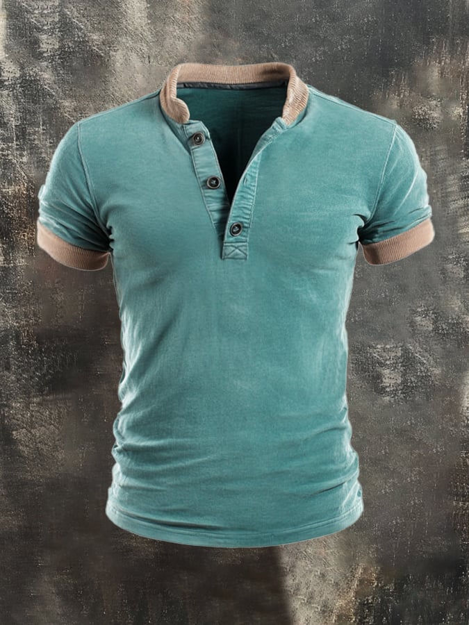 Men's Vintage Color Block Cotton Casual Henley Short Sleeve T-Shirt