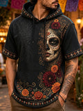 Men's Day Of The Dead Half‐Skull Dahlia Floral Print Hooded T-Shirt