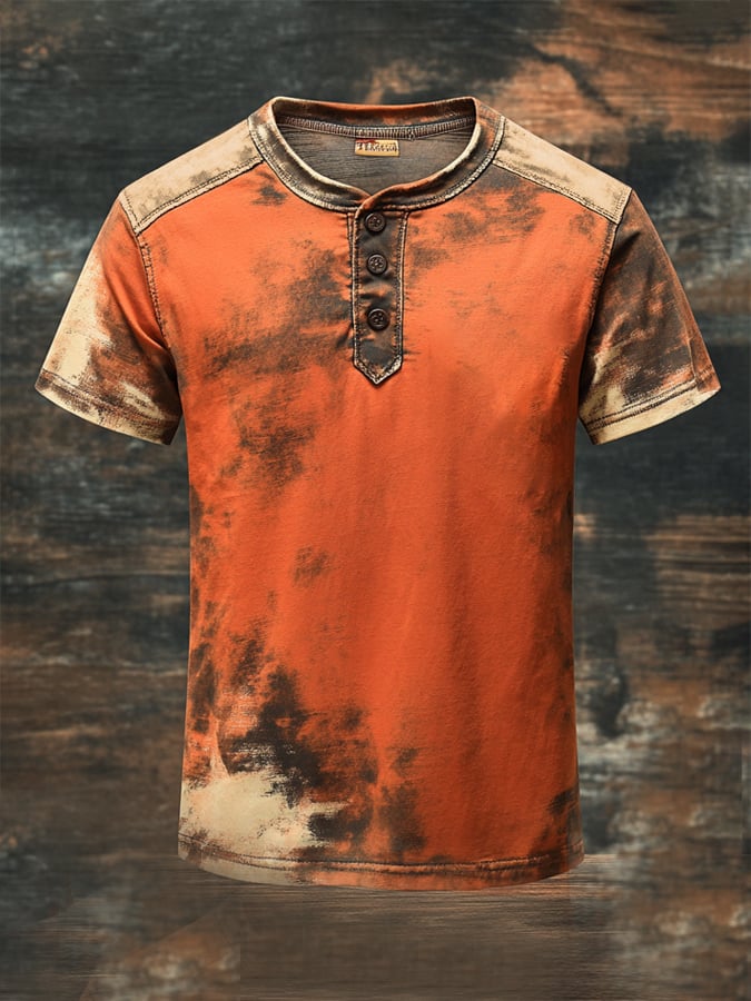 Men's vintage-style Henley print short-sleeved T-shirt