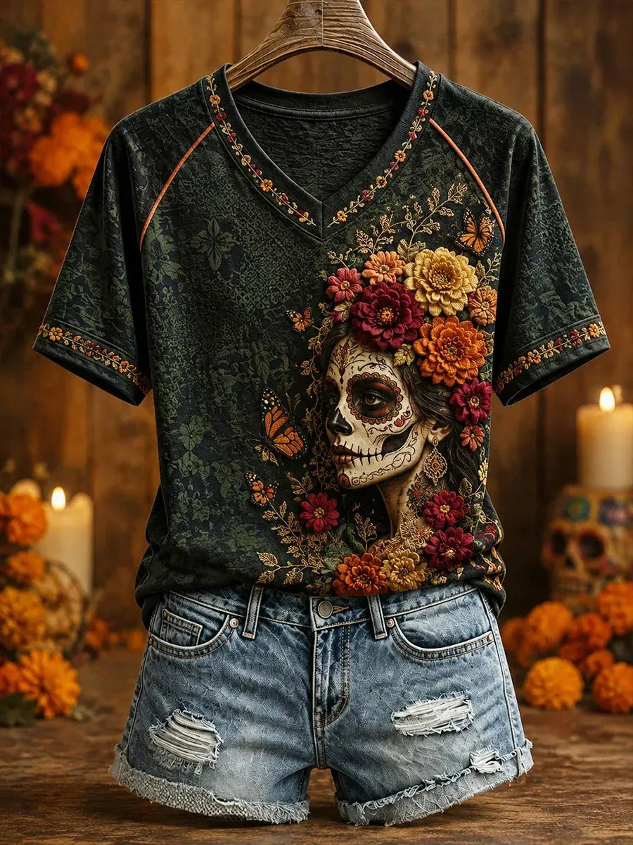 Women's Day Of The Dead Female Sugar Skull Lush Autumn Blooms Orange Butterflies Print V Neck Raglan T-Shirt