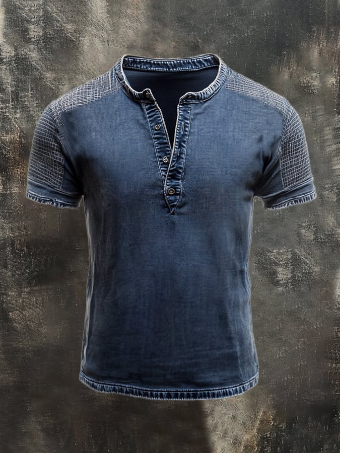 Men's casual retro color block Henley T-shirt