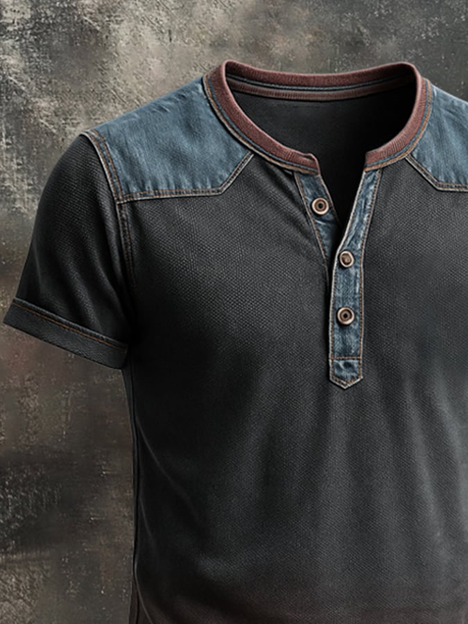 Men's T-shirt with contrasting seams in washed cotton and short sleeves by Henry