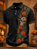Men's Day Of The Dead Ornate Sugar Skull Vivid Marigold And Butterfly Print Short Sleeve Polo Shirt