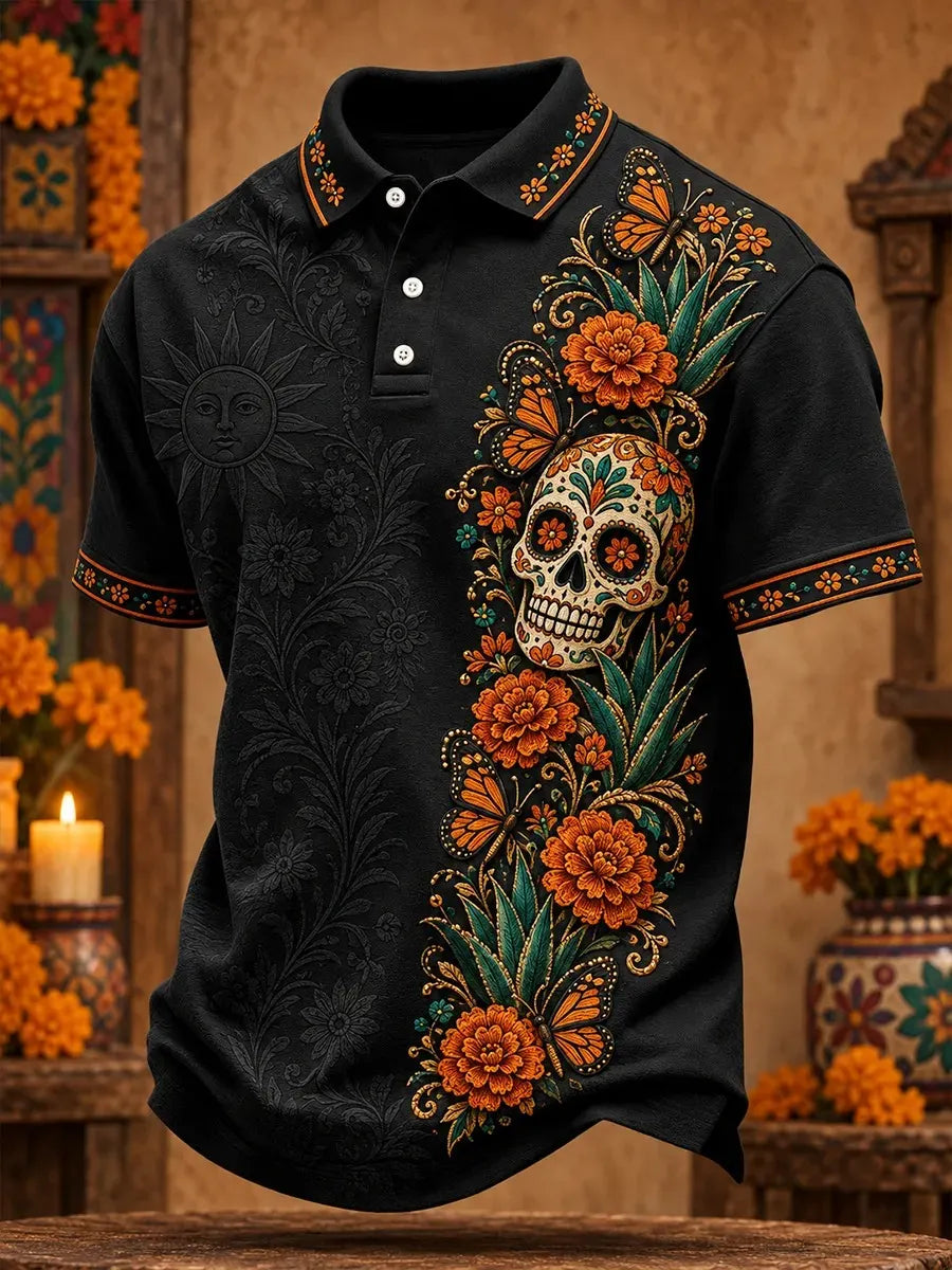 Men's Day Of The Dead Ornate Sugar Skull Vivid Marigold And Butterfly Print Short Sleeve Polo Shirt