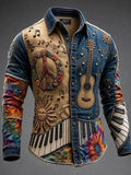 Men's Hippie Floral Peace Sign With Swirling Music Notes Print Long Sleeve Shirt