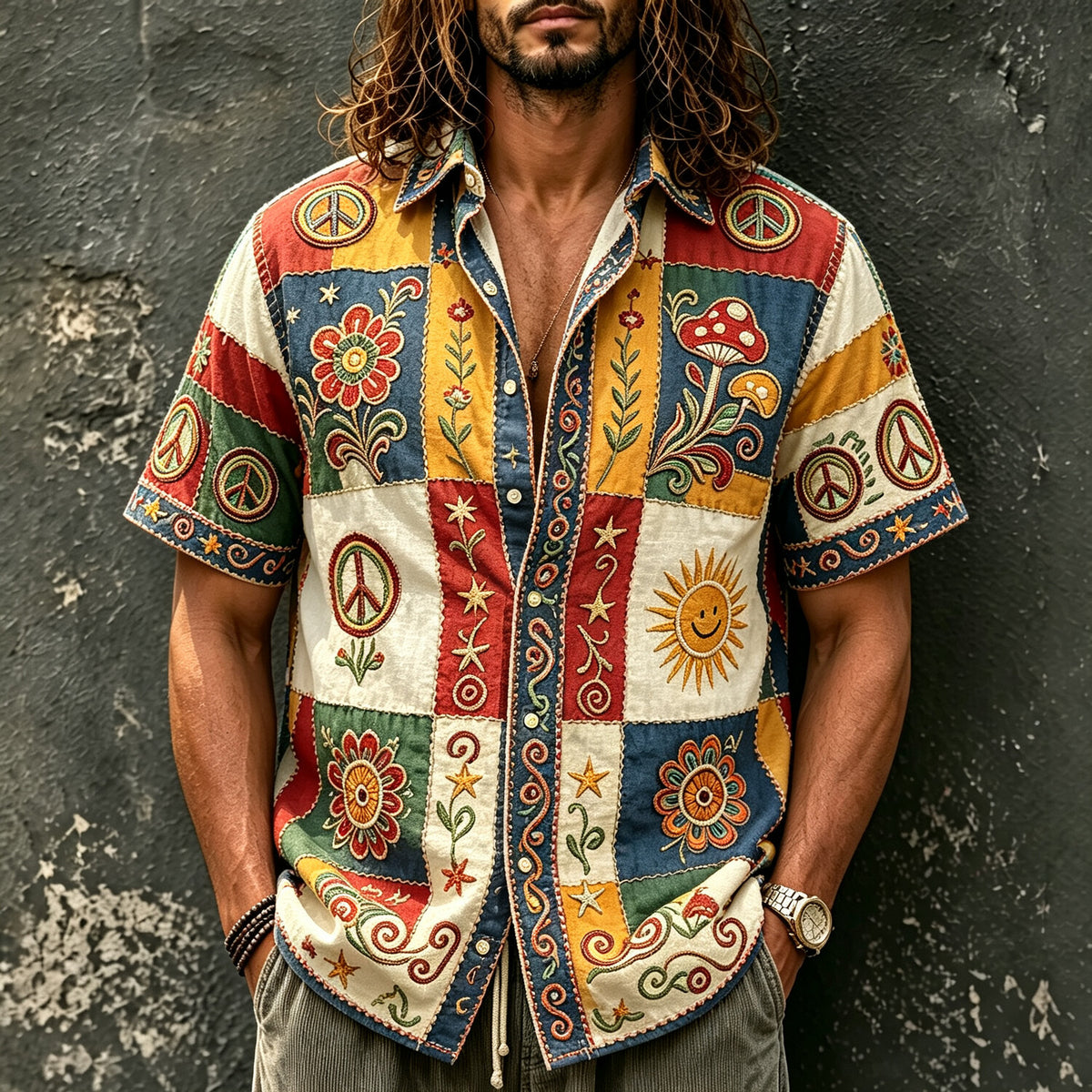 Men's Smiling Sun Floral Hippie Print Short Sleeve Buttons Shirt