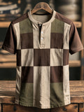 Men's Retro Color-Block Short-Sleeve Henley T-Shirt