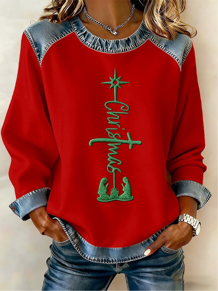 Women's Christmas Faith Print Crew Neck Long Sleeve Top