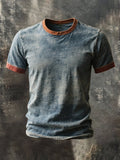 Men's retro style color block t-shirt with round neck and short sleeves