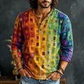 Men's Rainbow Geometric Gradient Print Henry Collar Long Sleeve T-Shirt