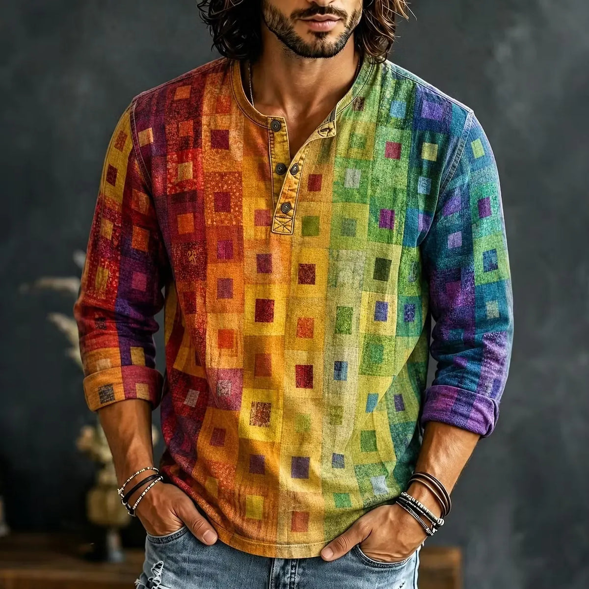 Men's Rainbow Geometric Gradient Print Henry Collar Long Sleeve T-Shirt