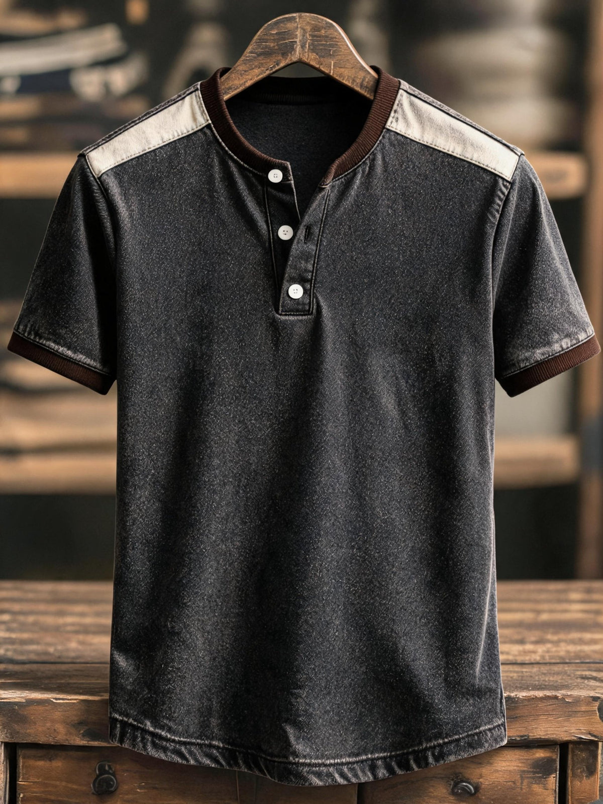 Men's Retro Color-Block Short-Sleeve Henley T-Shirt