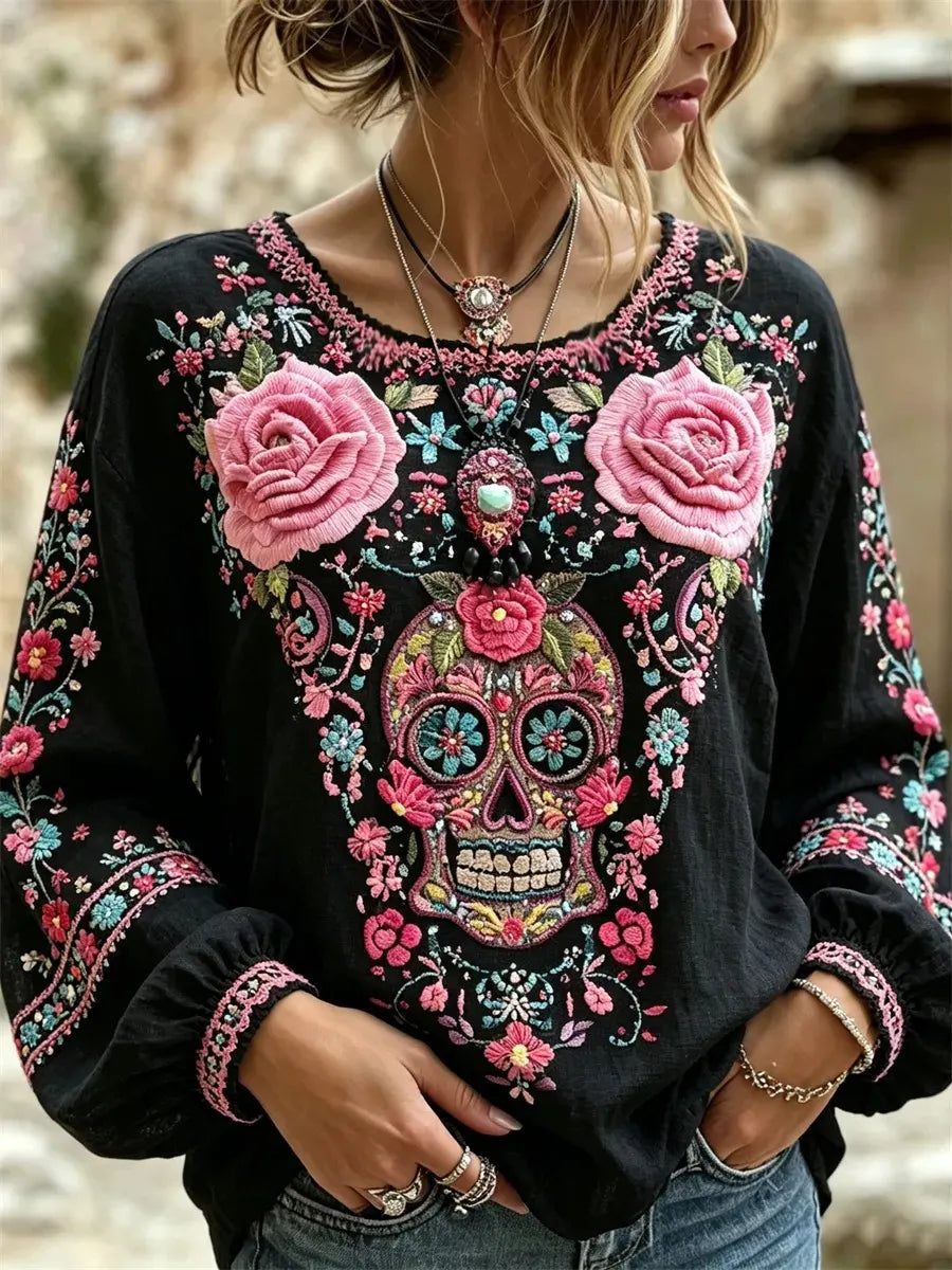 Women's Day of the Dead Boho Pink Rose Colorful Sugar Skull Print Lantern Sleeve Top