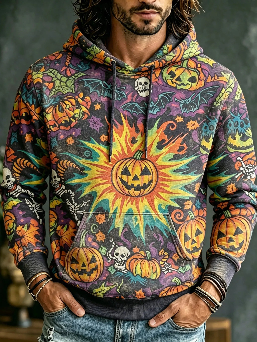 Men's Retro Hippie Style Halloween Pumpkin And Skull Print Hoodie