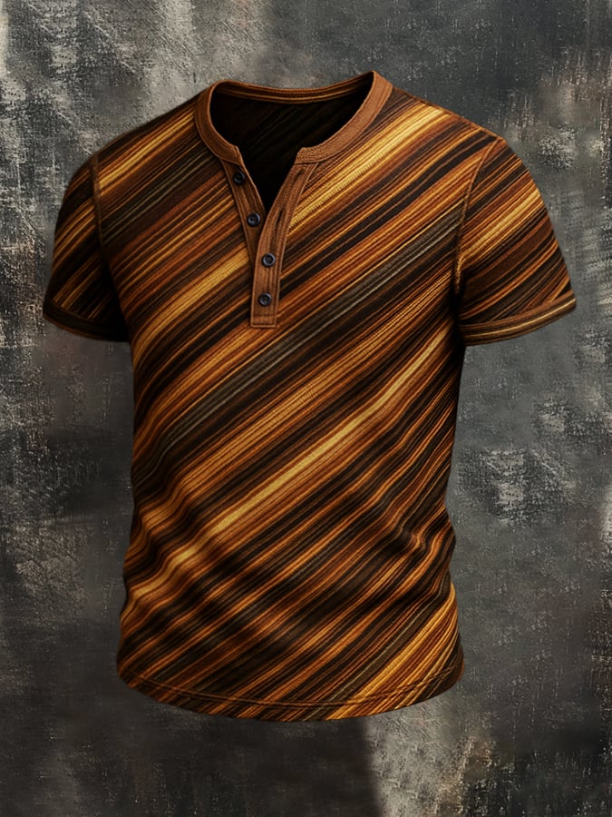 Men's Retro Striped Colorblock Casual Henley Short Sleeve T-Shirt