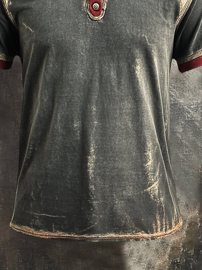 Men's Retro Colorblock Henley Collar Short Sleeve T-Shirt