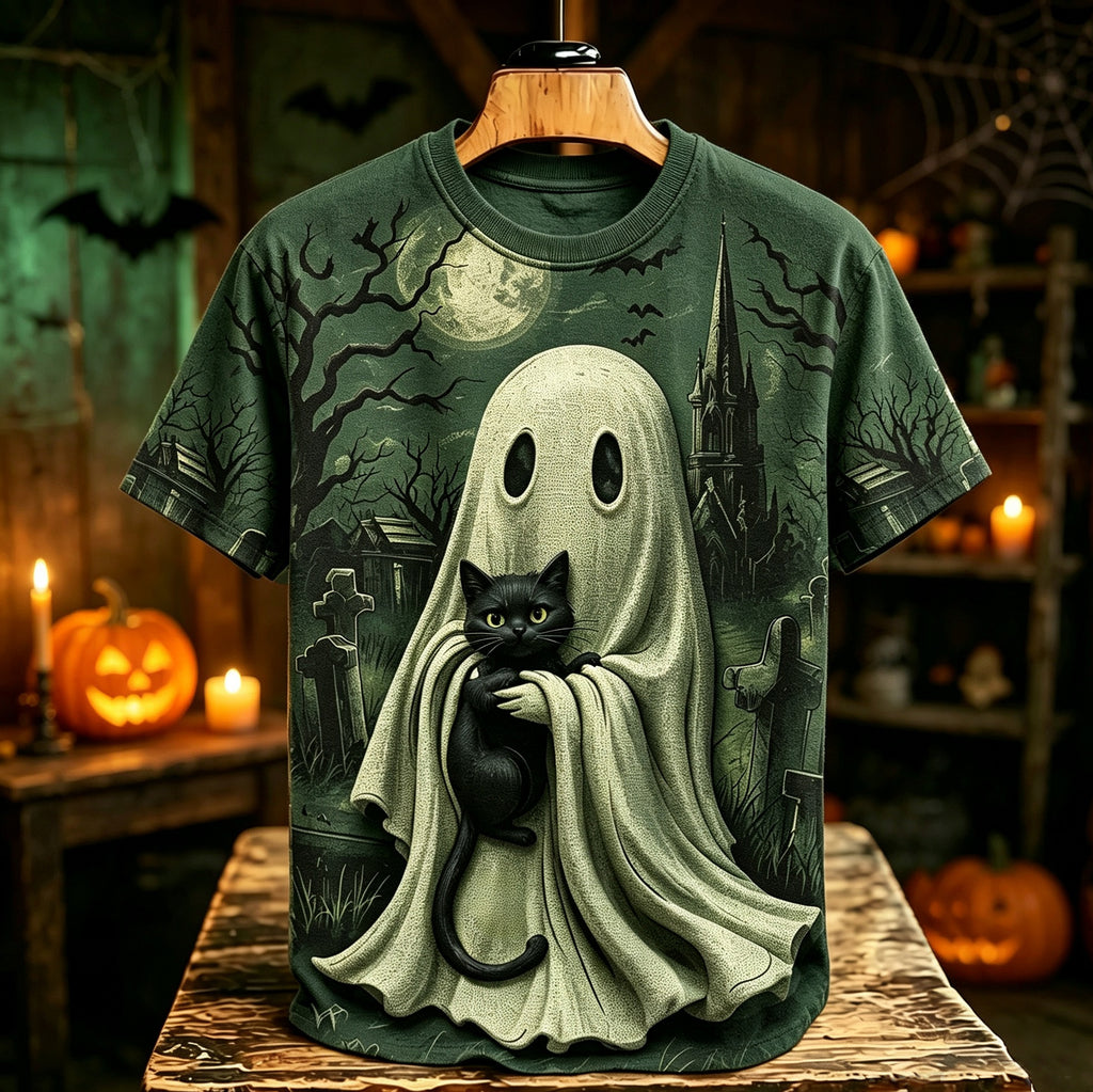 Men's Retro Halloween Ghost And Cat Print T-shirt