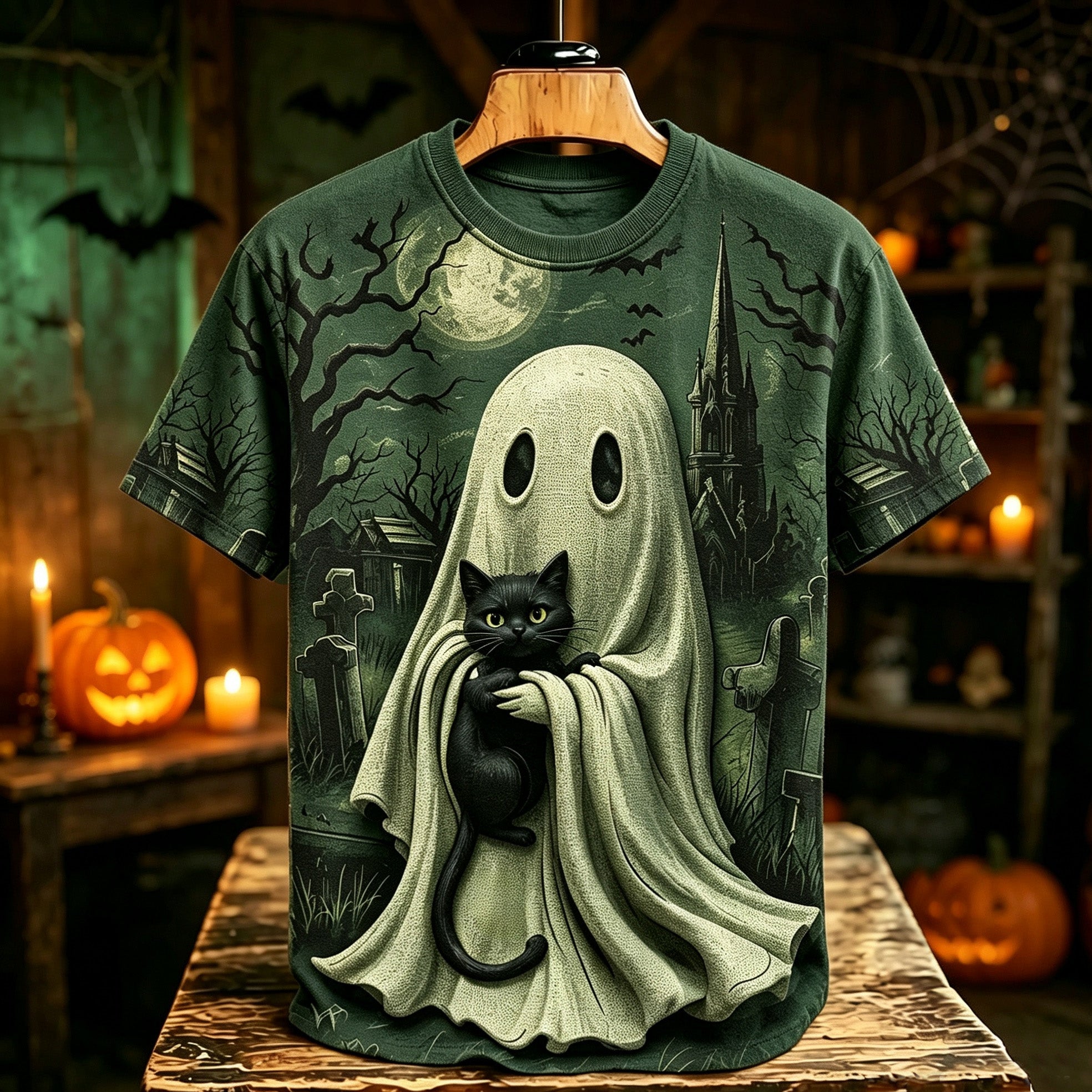 Men's Retro Halloween Ghost And Cat Print T-shirt
