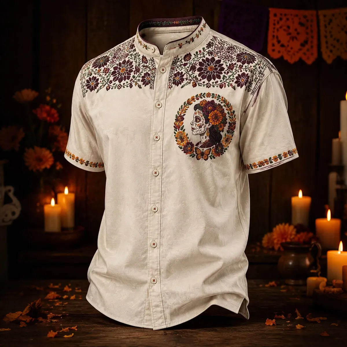 Men's Circular Floral Calavera Lady Portrait Day of the Dead Print Stand Collar Short Sleeve Shirt