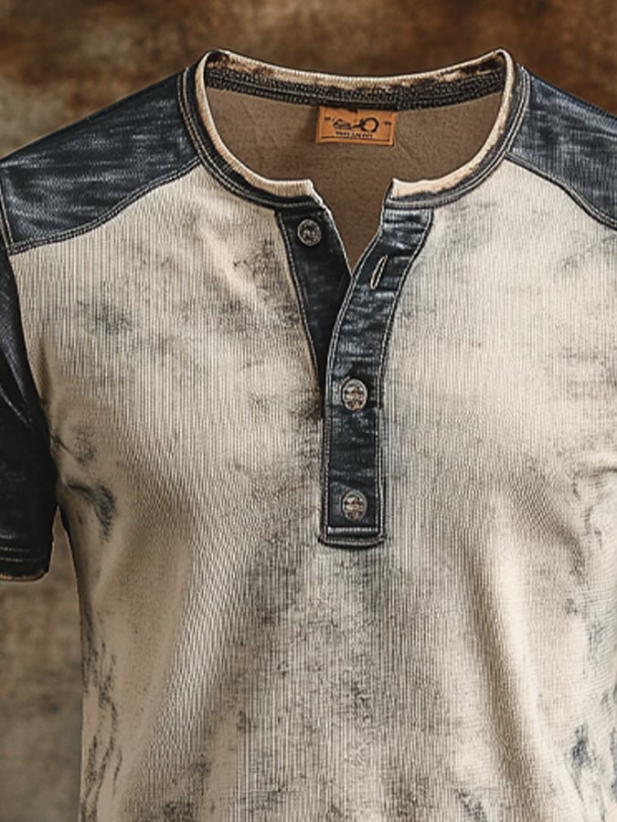 Men's Vintage Distressed Waffle Henry Short Sleeve T-Shirt