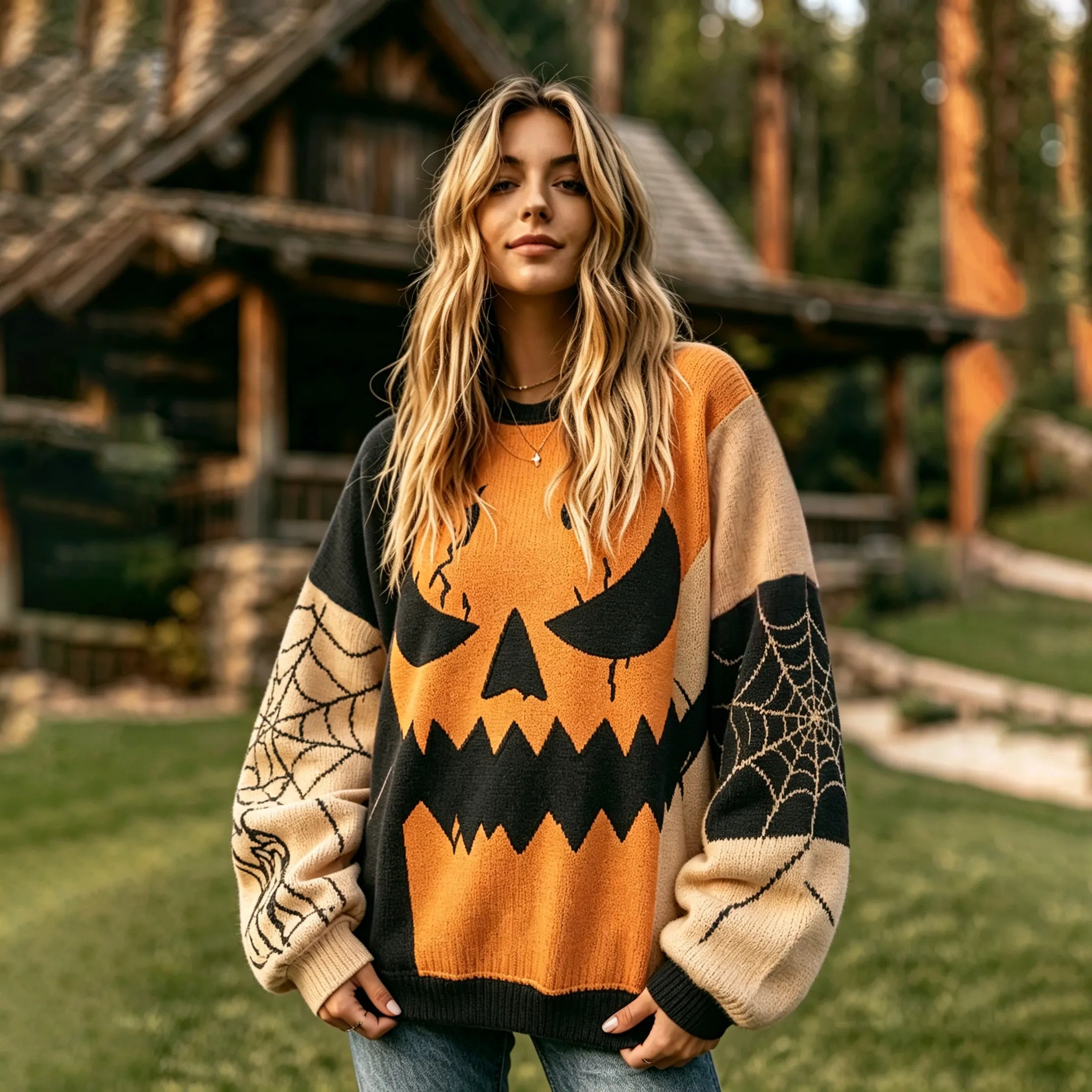 Women's Halloween Spooky Face Pattern Cozy Knit Sweater