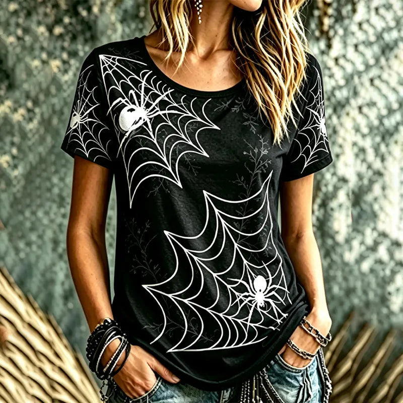 Women's Gothic Halloween Style Spider On Spiderweb T-shirt