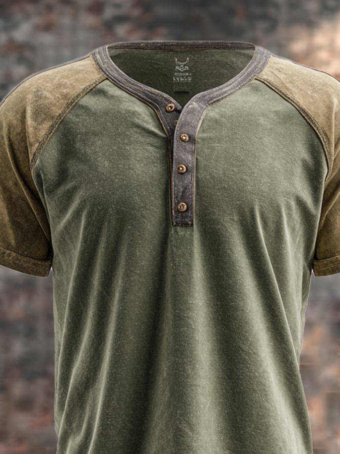 Men's retro colorblock Henley T-shirt with slim fit and short sleeves