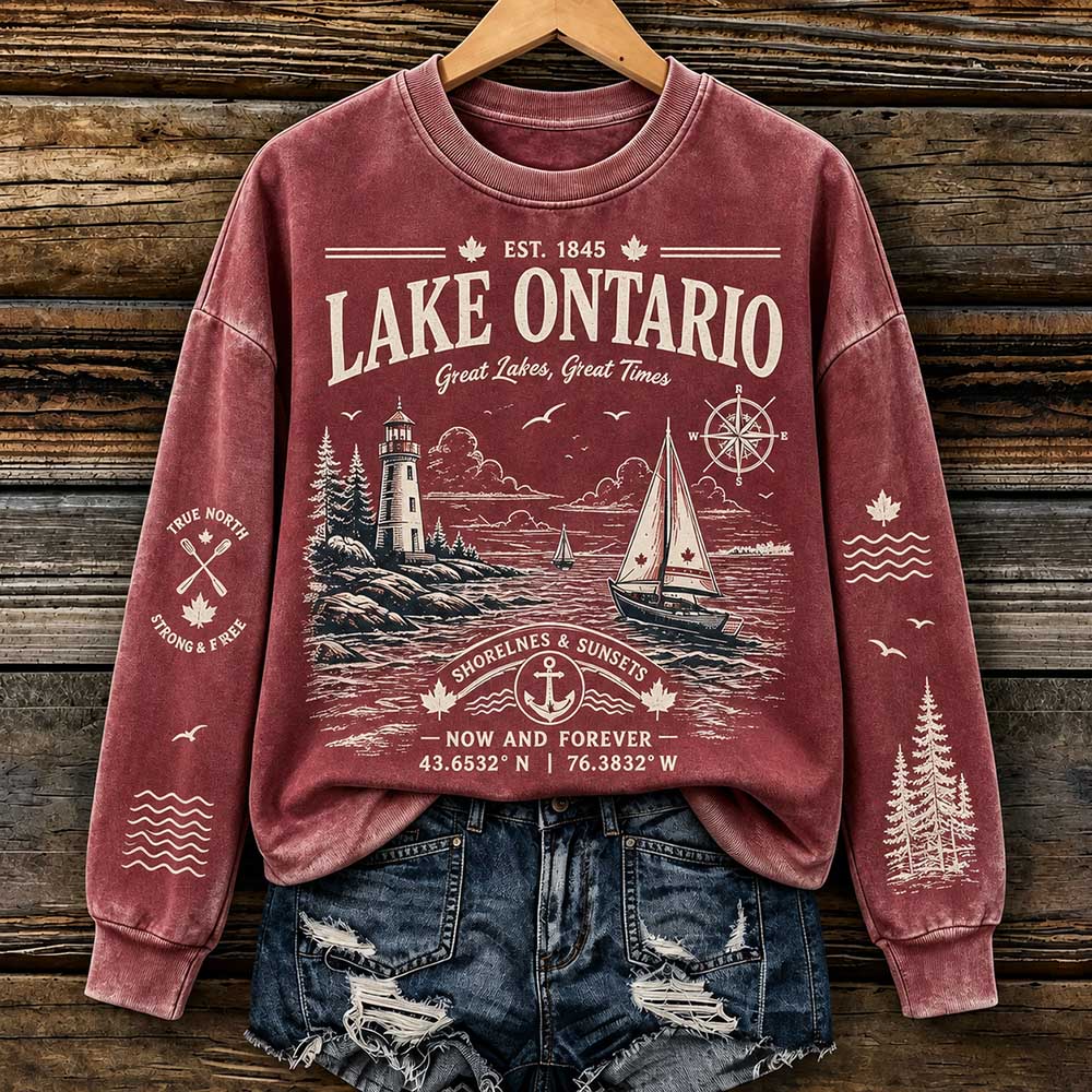 Women's Lake Ontario Graphic Crewneck Sweatshirt - Vintage Lighthouse & Sailboat Print
