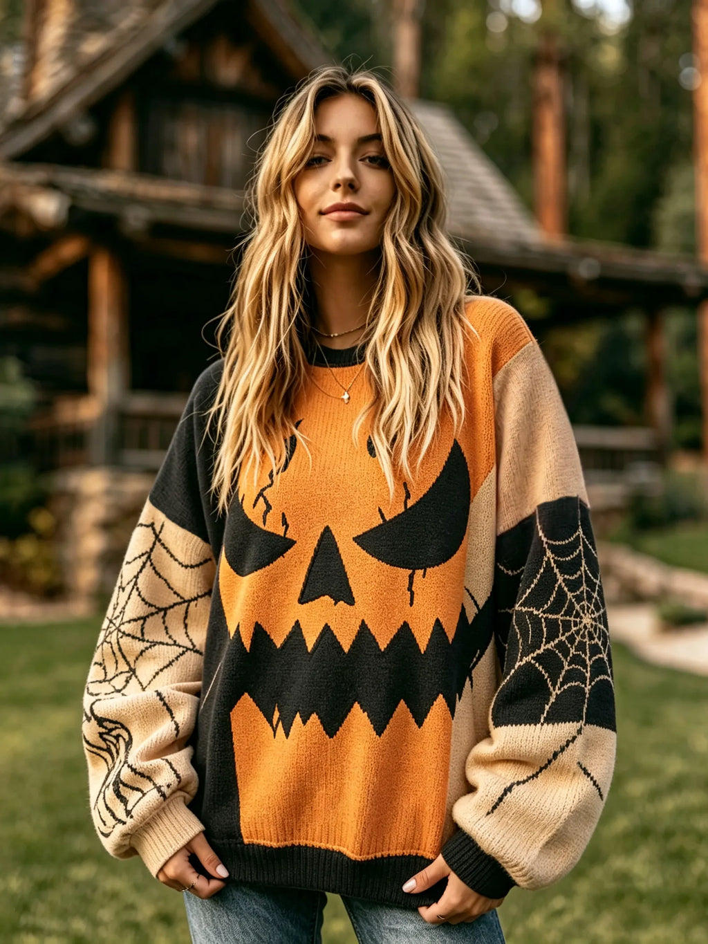 Women's Halloween Spooky Face Pattern Cozy Knit Sweater