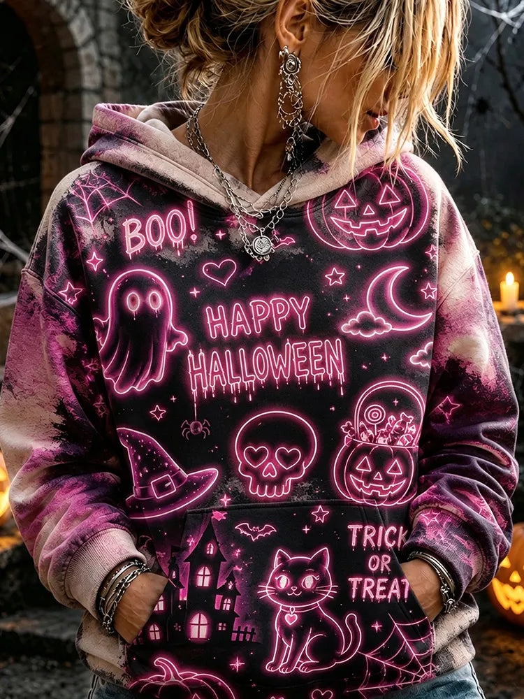 Vintage Tie-dye Neon Halloween Ghost Pumpkin Eerie "trick Or Treat" Pattern Hoodie