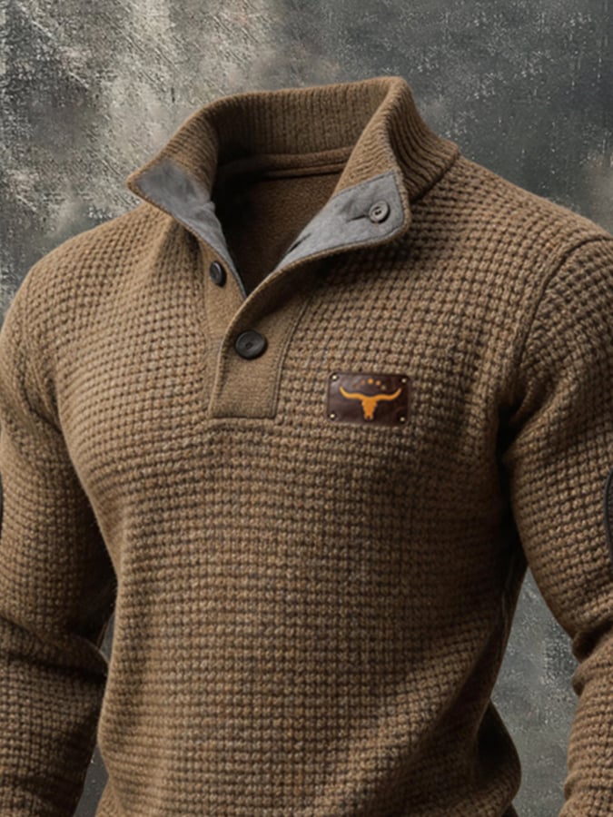 Men's Vintage Color-Block Leather-Trim Button-Front Henley Long-Sleeve Knit Sweater