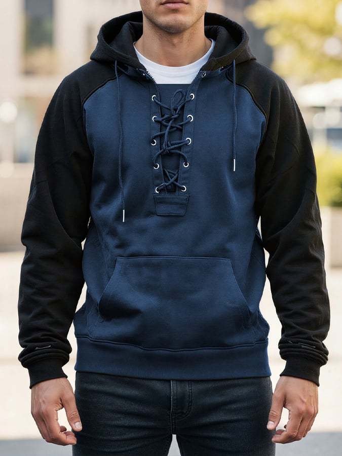 Men's Retro Color-Block Lace-Up Hoodie
