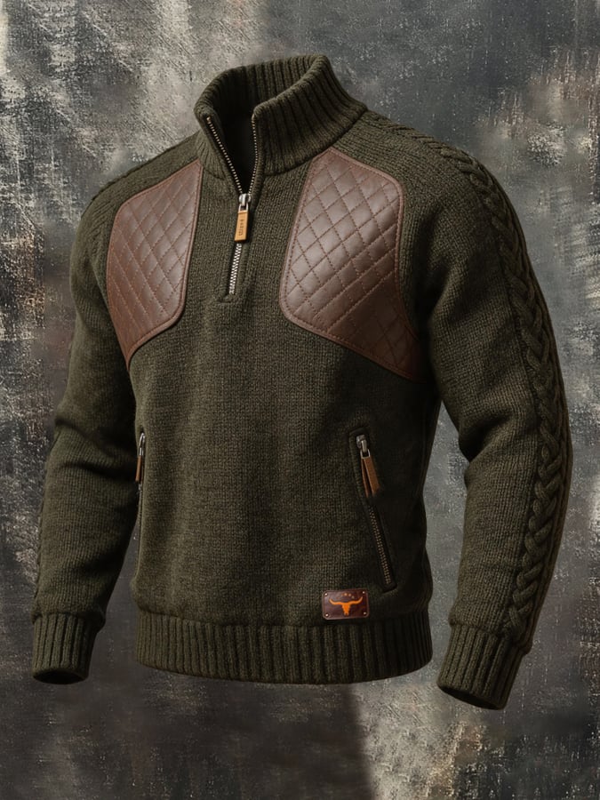 Men's Retro Color-Block Leather Quarter-Zip Mock-Neck Sweater