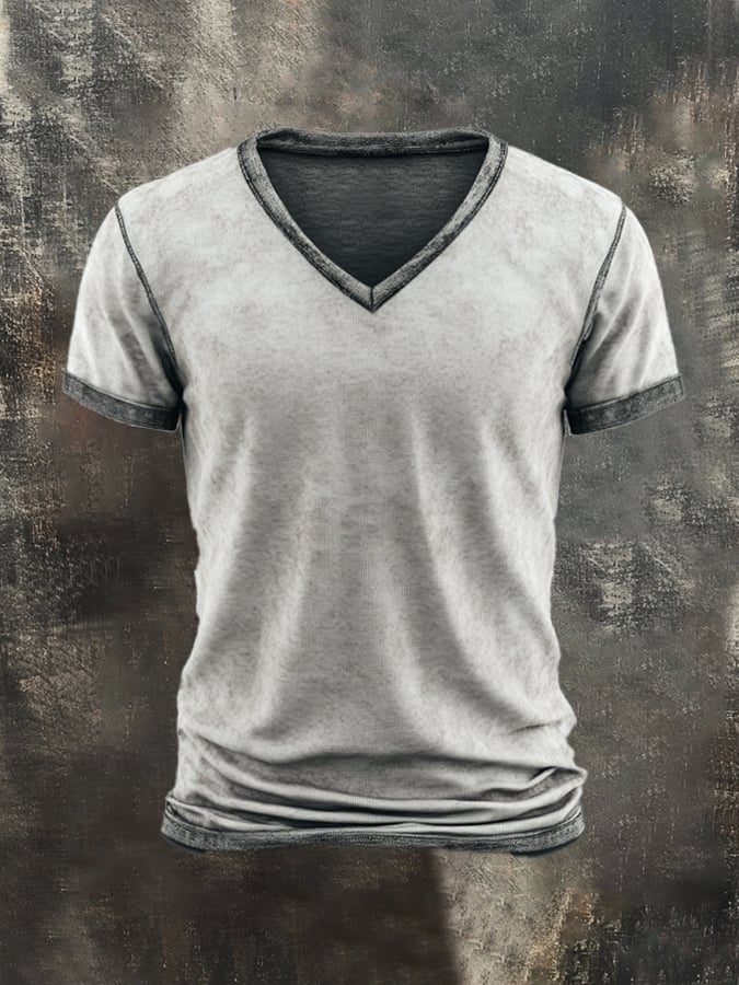 Men's retro-style washed V-neck short-sleeved T-shirt in contrasting color