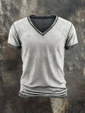 Men's retro-style washed V-neck short-sleeved T-shirt in contrasting color