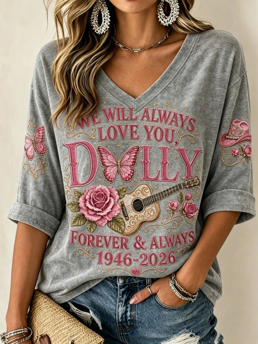 Women'S Commemorative Printed Waffle V-Neck Top
