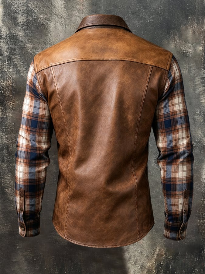 Men'S Retro Western-Style Long-Sleeve Shirt With Leather Paneling, Plaid Pattern, And Color-Blocking