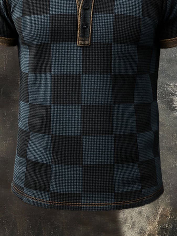 Men's casual waffle henley color block t-shirt