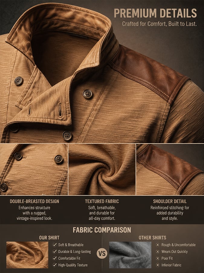 Men’s Vintage Double‐Button Leather‐Patch Henley Top
