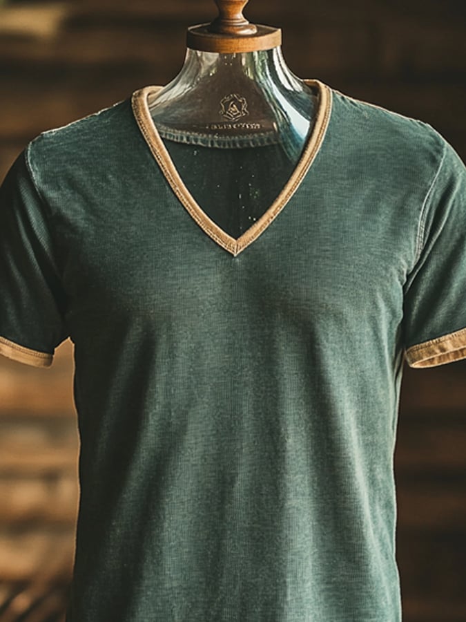 Men's Vintage Distressed V-Neck Contrast Color Edge Short Sleeve T-Shirt