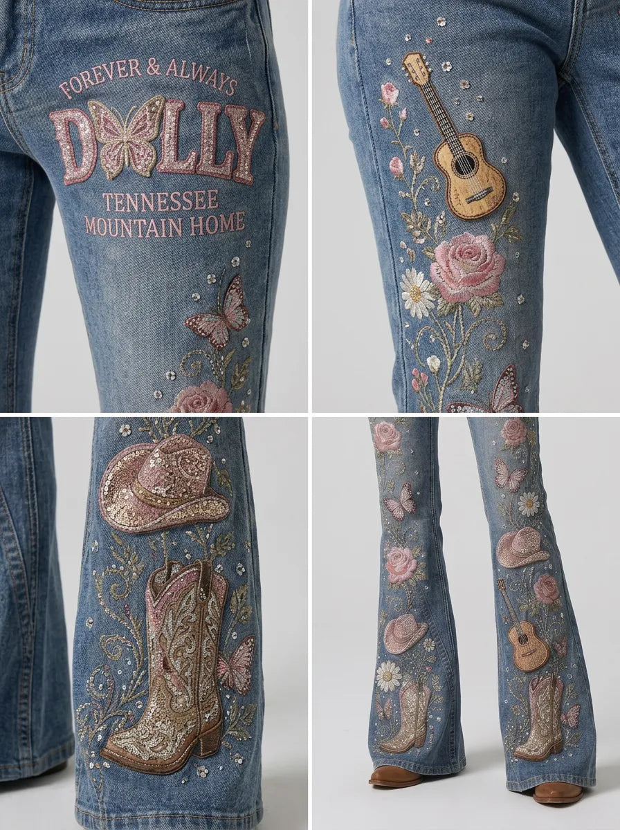 Women's Dolly Parton Guitar Butterfly Rose Printed Flare Jeans