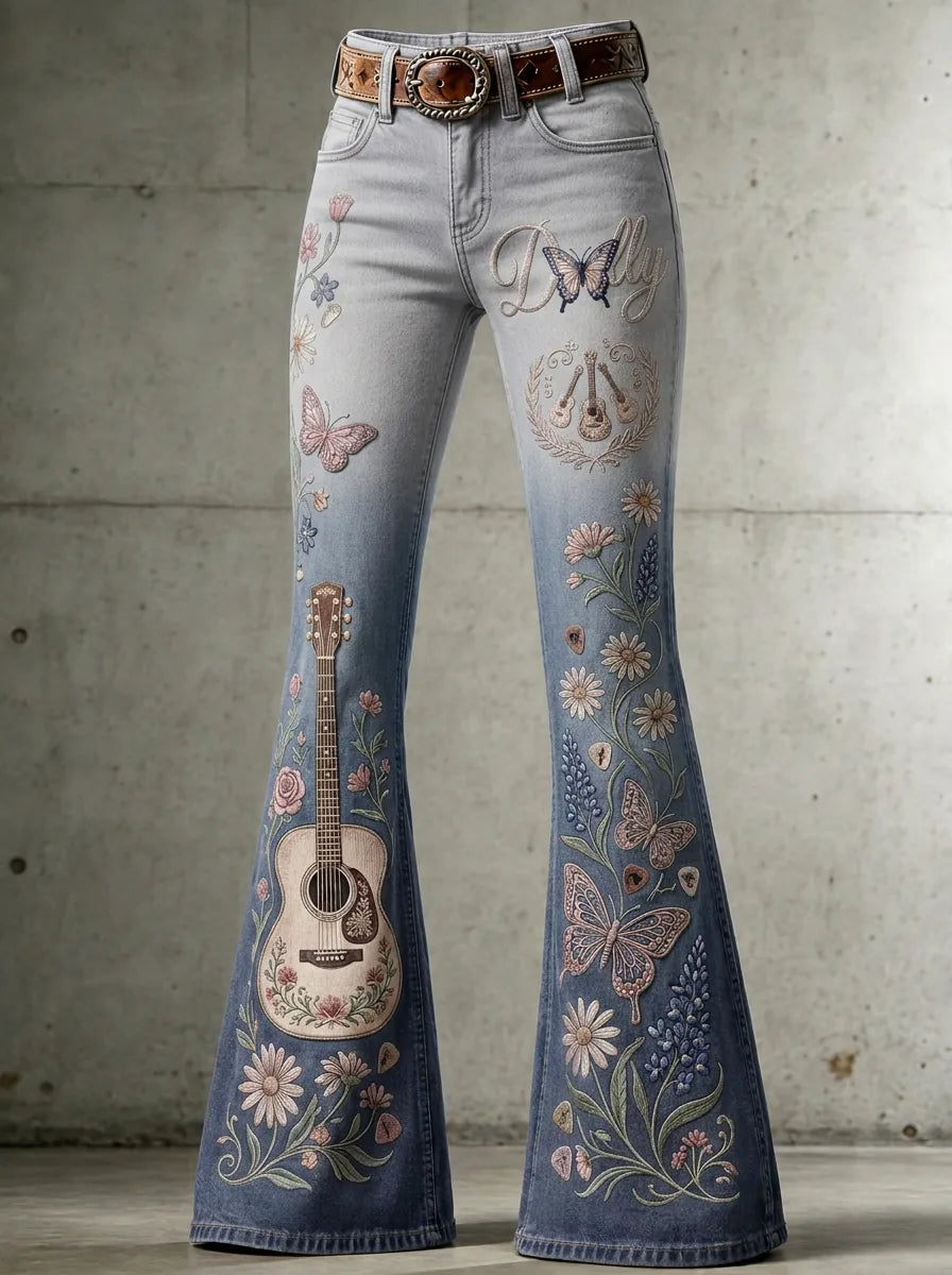Women's Dolly Parton Guitar Butterfly Floral Printed Flare Jeans