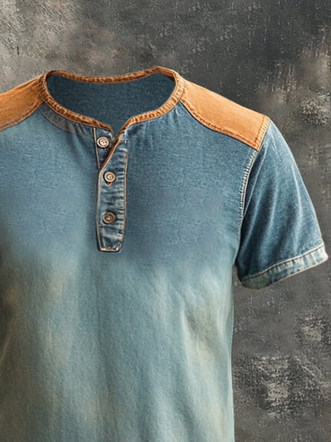 Men's casual retro wash colorblock Henley T-shirt