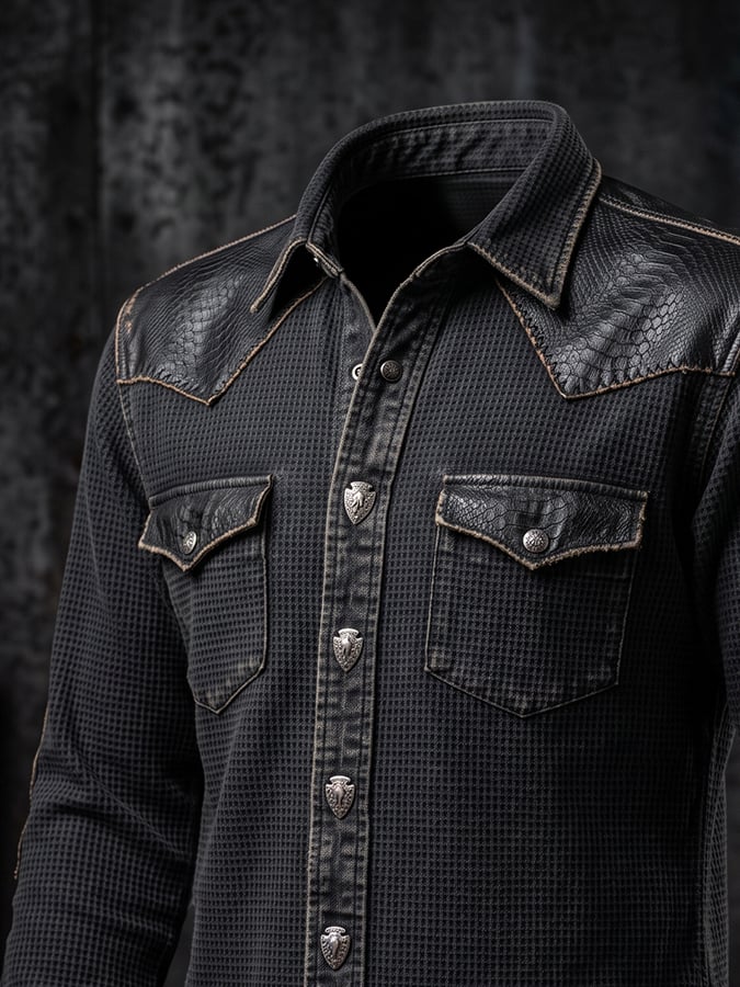 Men's Vintage-Style Waffle-Knit and Leather Panel Western Shirt with Dual Pockets
